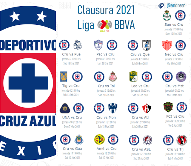 Calendario del Cruz Azul para el clausura 2021 del futbol mexicano