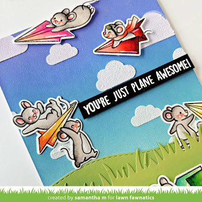 Just Plane Awesome Card by Samantha M for Lawn Fawnatics Challenge, Lawn Fawn, Handmade Cards, Distress Inks, Rainbow, Mice, Card Making, Die Cutting, Plane, #lawnfawnatics #lawnfawn #distressinks #inkblending #cardmaking #mice #cards