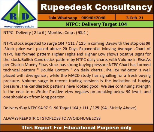 NTPC  Delivery Target 104 - Rupeedesk reports