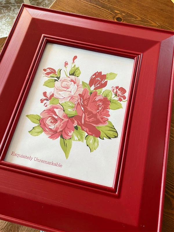 Cottage Style Red Roses In A red painted wooden picture Frame