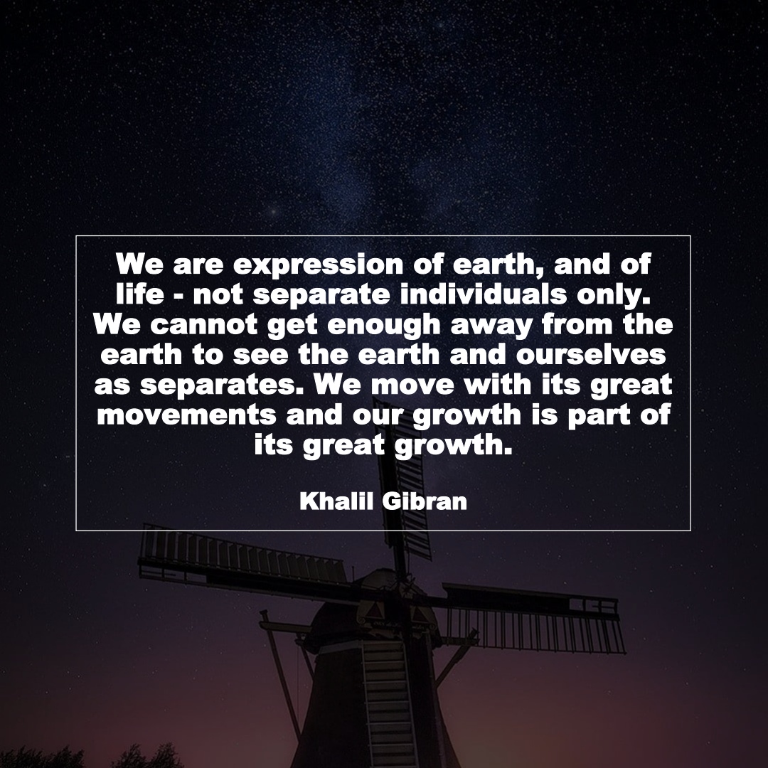 We are expression of earth, and of life - not separate individuals only. We cannot get enough away from the earth to see the earth and ourselves as separates. We move with its great movements and our growth is part of its great growth. (Khalil Gibran)