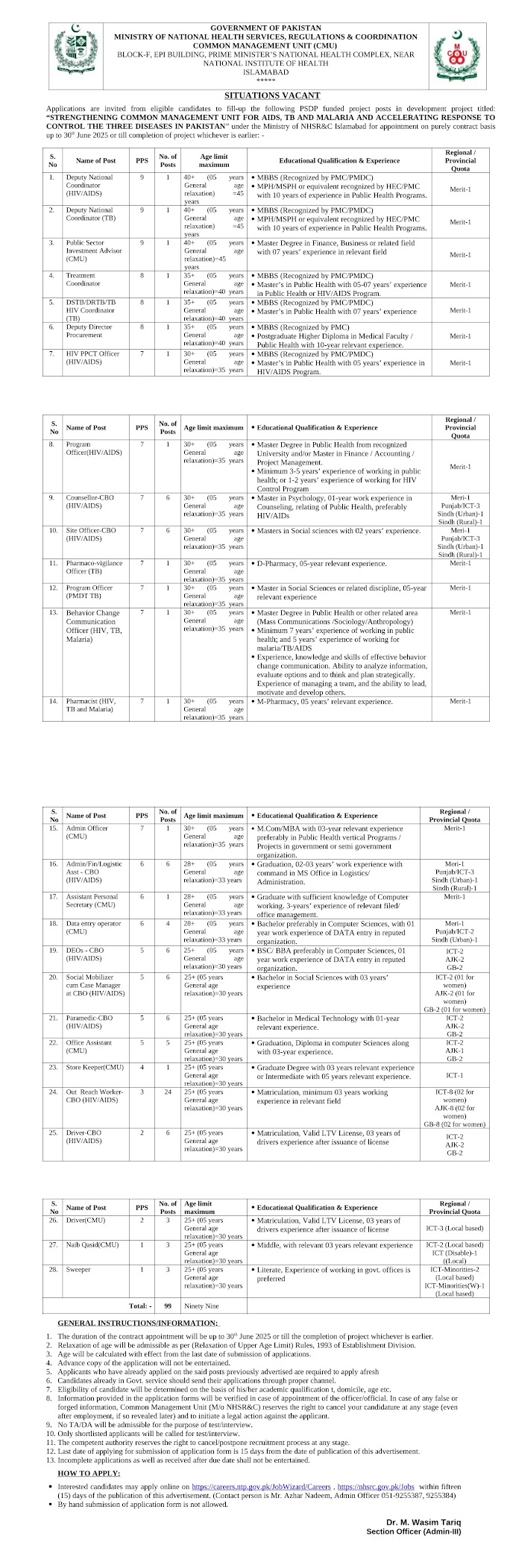 Minsitry of National Health Services Latest Jobs 2024 Online Apply