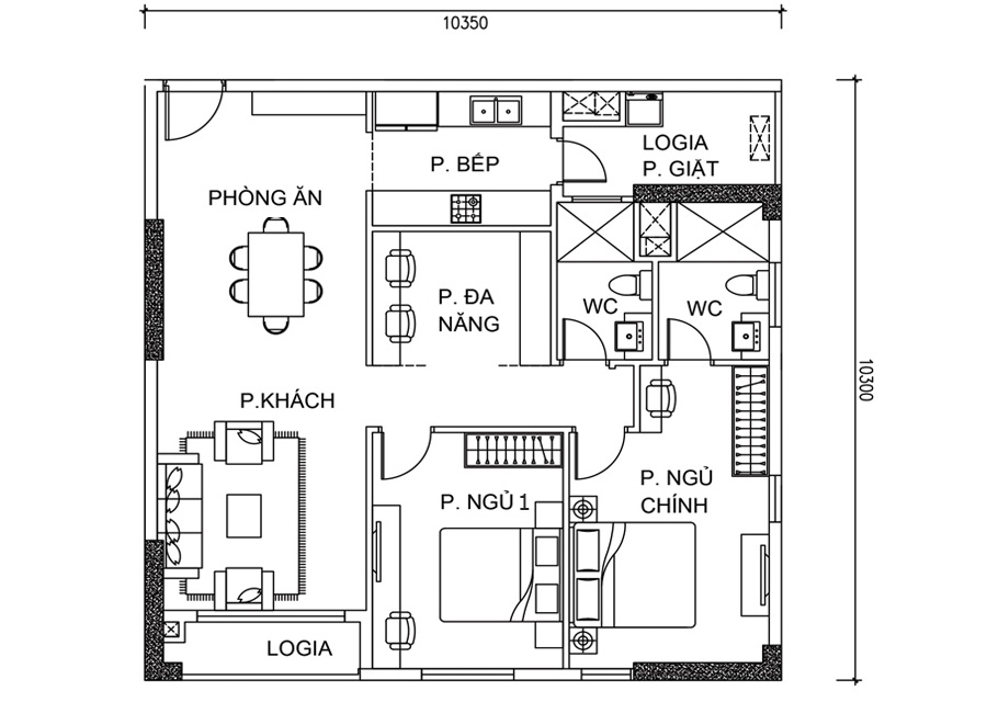 Thông số chi tiết căn hộ 2 phòng ngủ DT: 96,54m2