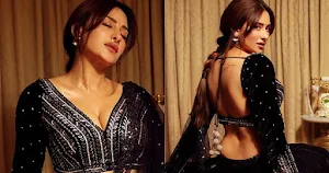 mahira sharma black saree backless cleavage