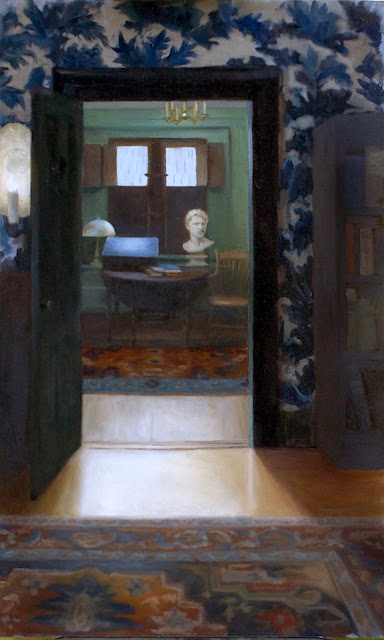 Multiple patterns in the carpet and wallpaper were the challenge for this painting which features the interior of the home of Julian Alden Weir at the National Historic Park in Wilton CT