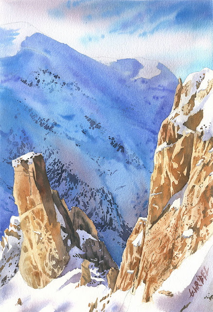 akwarela góry śnieg skały