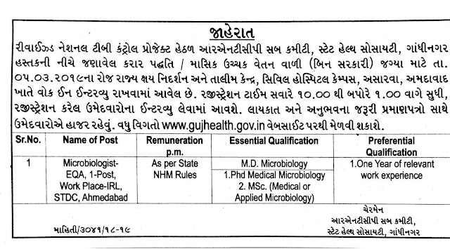 RNTCP Gandhinagar Recruitment for Microbiologist Post 2019