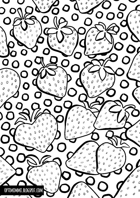 A coloring page of strawberries, for Inktober 2018, swollen / Värityskuva mansikoista, Inktober 2018 -haastetta varten, paisunut