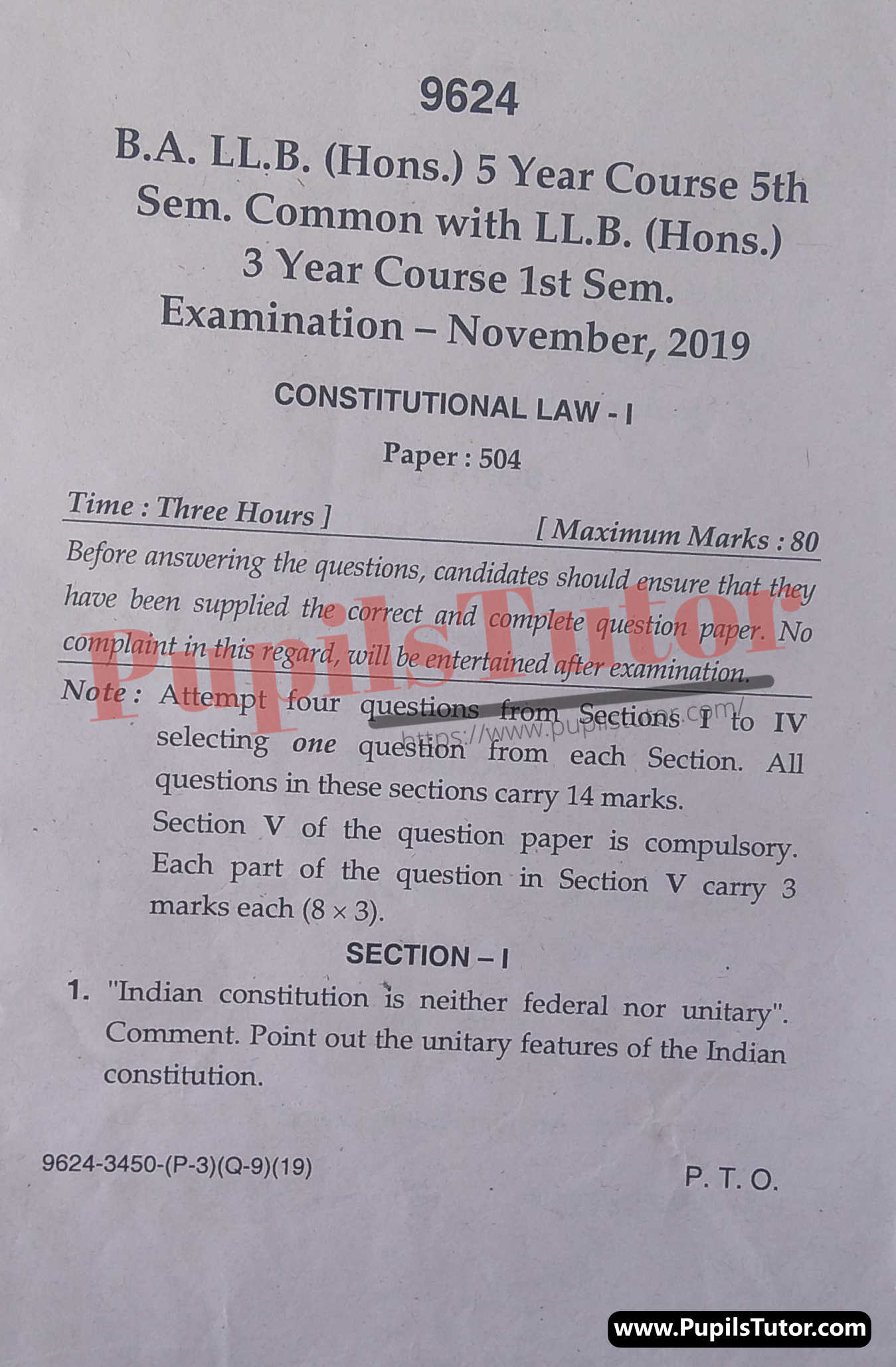 MDU (Maharshi Dayanand University, Rohtak Haryana) BA LLB Regular Exam Fifth Semester Previous Year Constitutional Law Question Paper For November, 2019 Exam (Question Paper Page 1) - pupilstutor.com