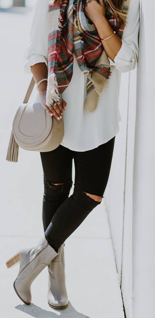 awesome outfit idea: scraf + white shirt + bag + rips + boots