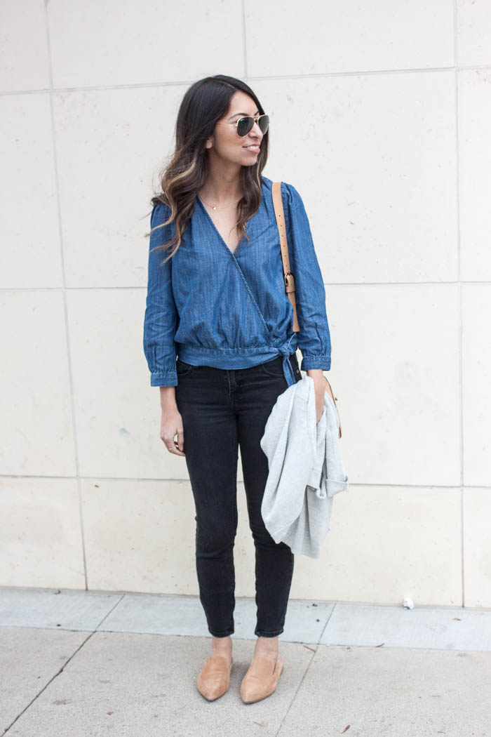 denim faux wrap top