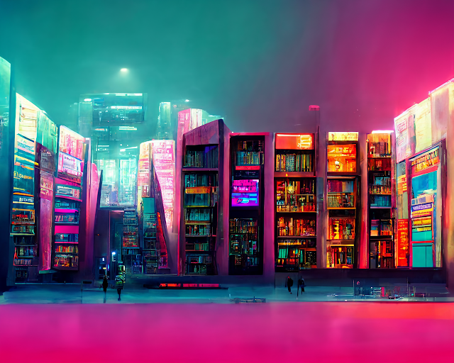 AI generate image: a cyberpunk library, upscaled, vibrant colors