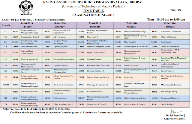 RGPV B.E 5th Semester Grading System Examination Time Table 2016