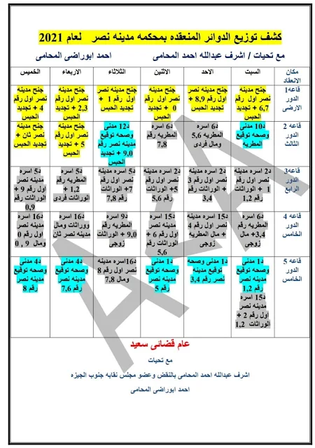 كشف توزيع العمل بمحكمة مدينة نصر 2021