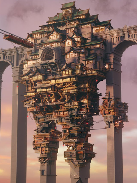 giant minecraft castle on the bridge