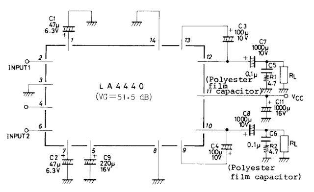 Stereo Circuit diagram for LA4440 Audio Amplifier 2x6w / 1x19W