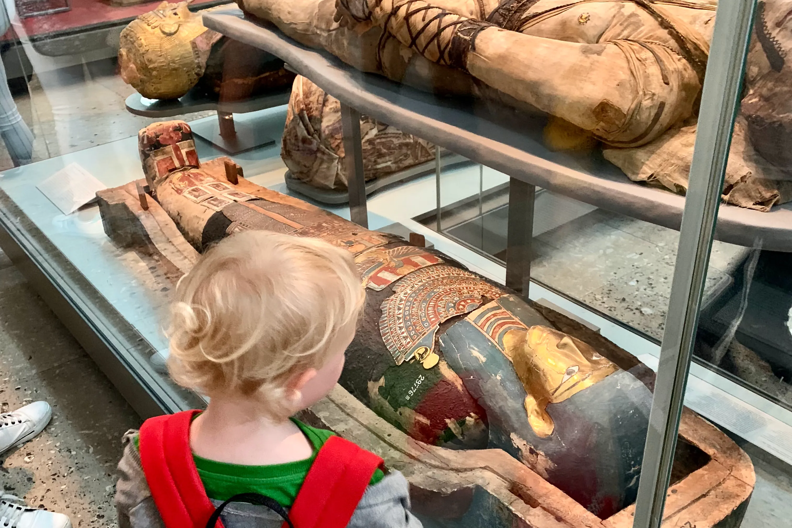 a child looking at an ancient Egyptian mummy in a London museum