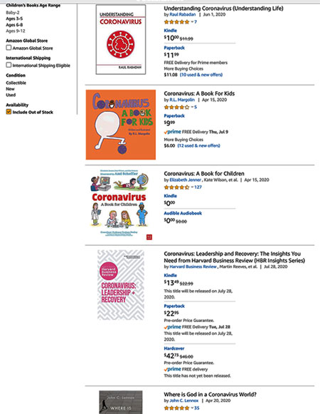 Search for "Coronavirus" on Amazon finds a diverse lot of books (Source: Amazon)