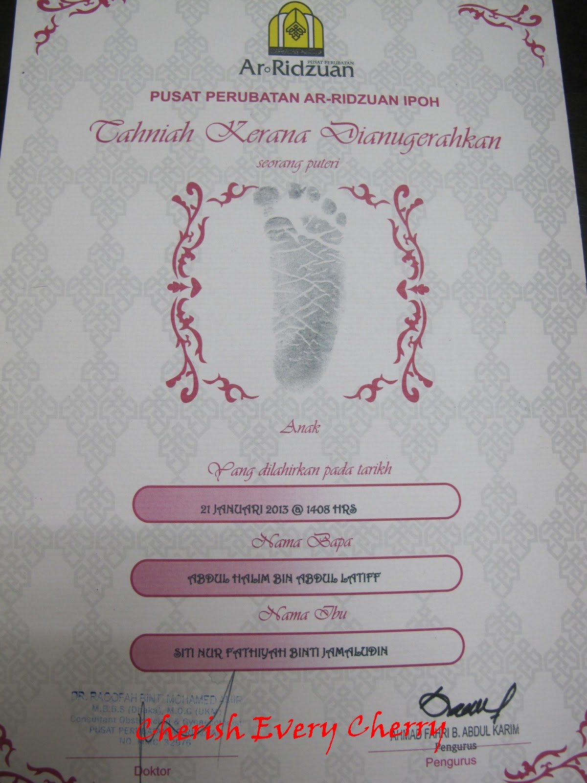 Cherish every cherry: Sijil Tapak Kaki Imani & Antenatal 