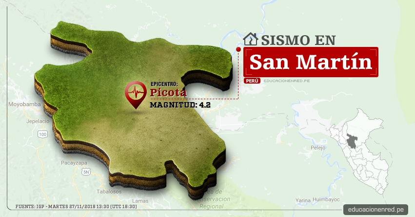 Temblor en San Martín de Magnitud 4.2 (Hoy Martes 27 Noviembre 2018) Sismo - Epicentro - Picota - Picota - IGP - www.igp.gob.pe