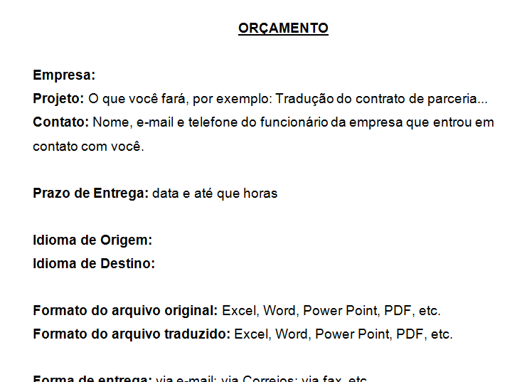 Modelo de orçamento para tradutores - Tradutor Iniciante