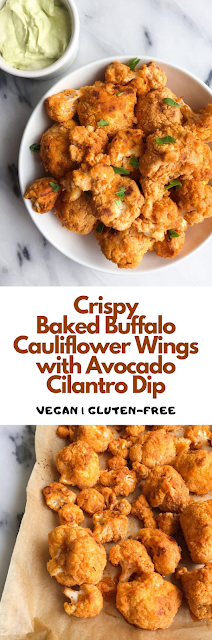 Crispy Baked Buffalo Cauliflower Wings with Avocado Cilantro Dip