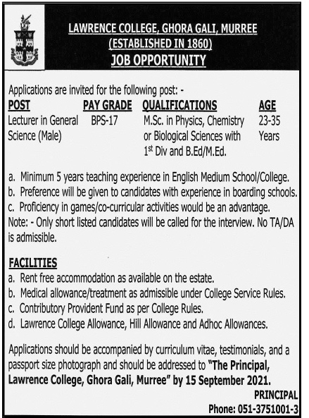 Lawrence College Ghora Gali Murree Jobs 2021 Latest