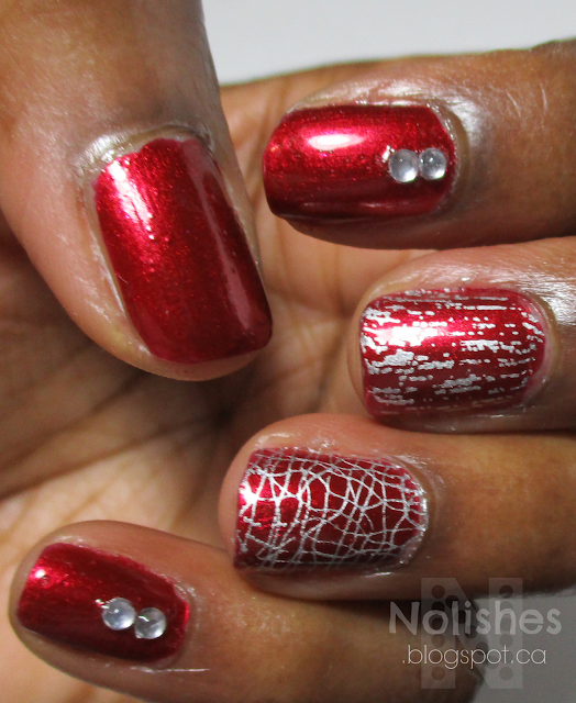 Nail stamping nail art manicure featuring red metallic polish OPI's ‘A Little Guilt Under the Kilt’ from the Fall 2019 Scotland collection, and silver metallic polish Sally Hansen ‘Silver Sweep' (original formula). Nail stamping images were from ÜberChic Beauty's ÜberMini 'Texture-licious' plate 3