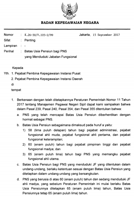 SURAT KEPALA BKN NOMOR : K.26-30/V. 105-2/99 TANGGAL :  15 SEPTEMBER 2017 TENTANG BATAS USIA PENSIUN BAGI PNS YANG MENDUDUKI JABATAN FUNGSIONAL