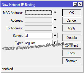 Penjelasan menu ip bindings dalam hotspot mikrotik, mikrotik hotspot, tutorial hotspot mikrotik, ip bindings mikrotik