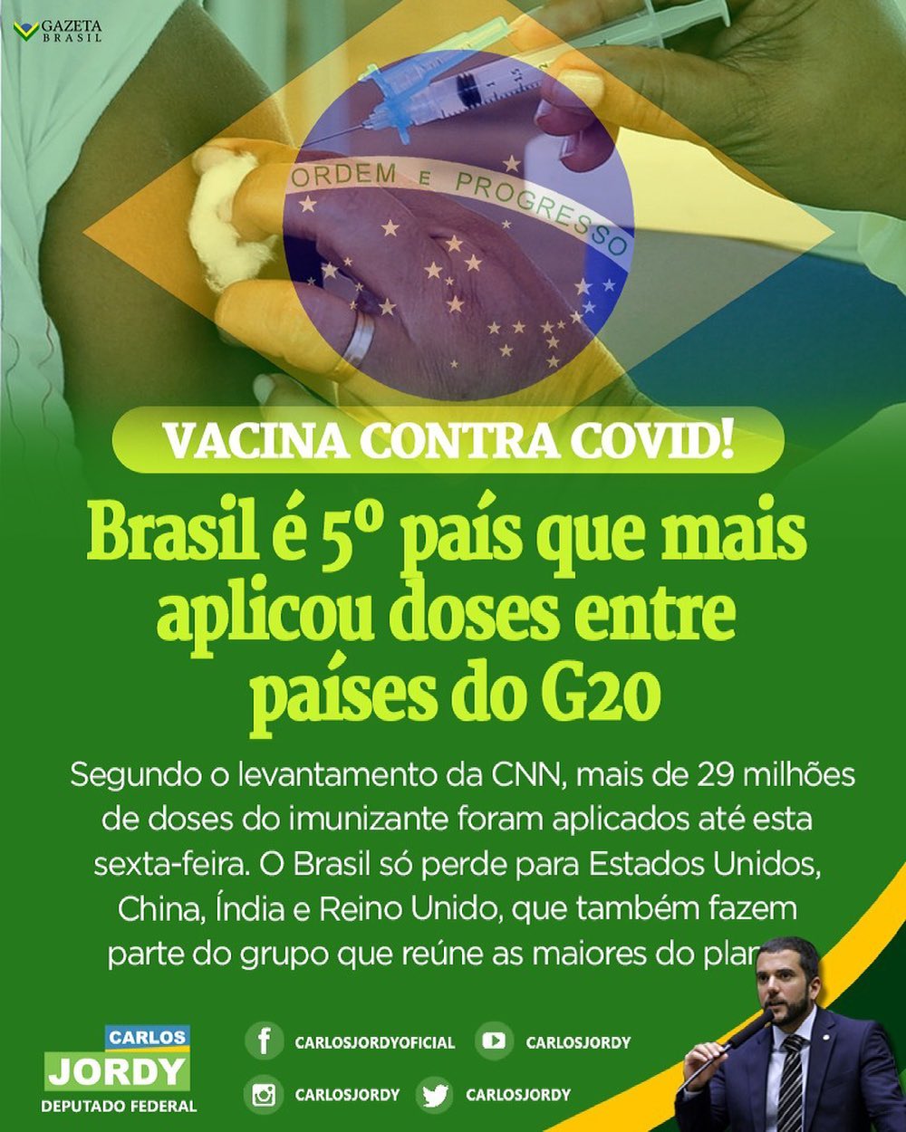 VACINA CONTRA COVID-19: Brasil é o 5º país que mais aplicou doses entre os países do G20