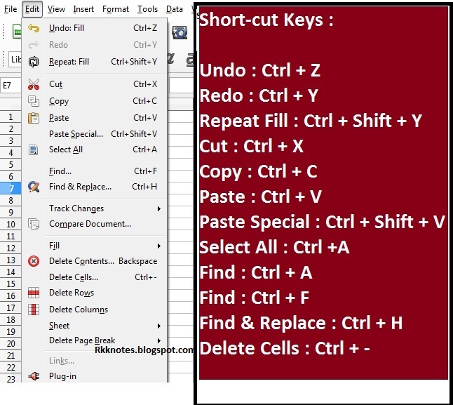 LibreOffice Calc short-cut keys A to Z