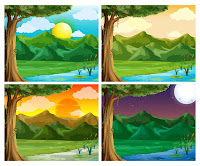 A rural cartoon scene of tree, pond, pond plants, grass, mountains, sky, in four iterations to show sunrise, noon, sunset, night. Never mind the fact that the sun rises and sets in the same place - I couldn't draw it half as well, so I'm going to let them have it!