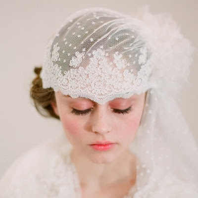 French inspired Bridal Cap and Veil made of dot and alencon lace