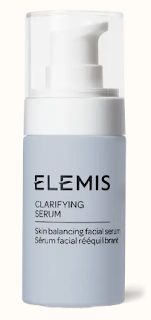 Bottle of Elemis Clarifying Serum against a clean background, highlighting its sleek design and the serum's soothing properties for skin balance and clarity.