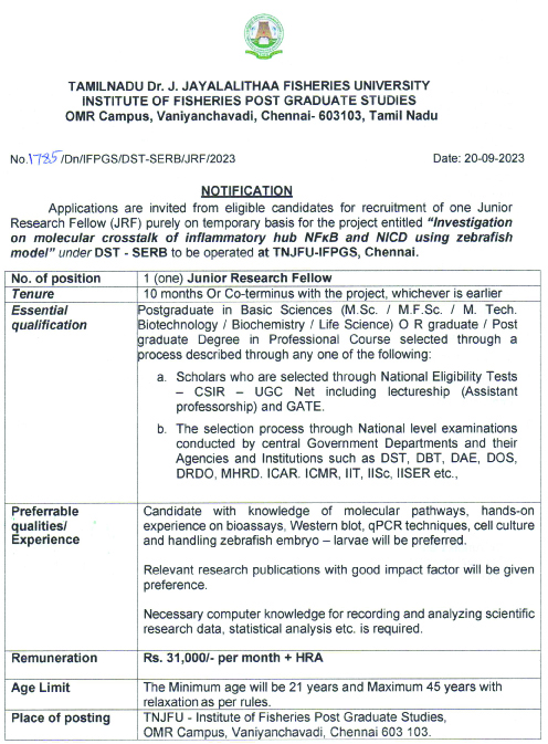 TNJFU-IFPGS Chennai Molecular Cell Biology JRF Vacancy