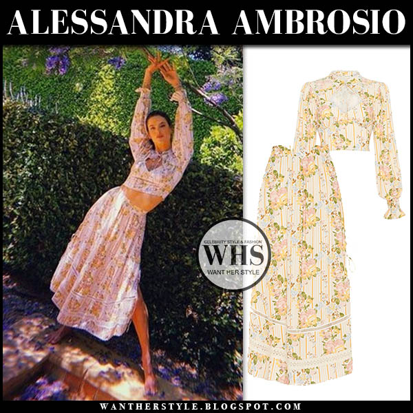 Alessandra Ambrosio in floral print cropped blouse and floral skirt
