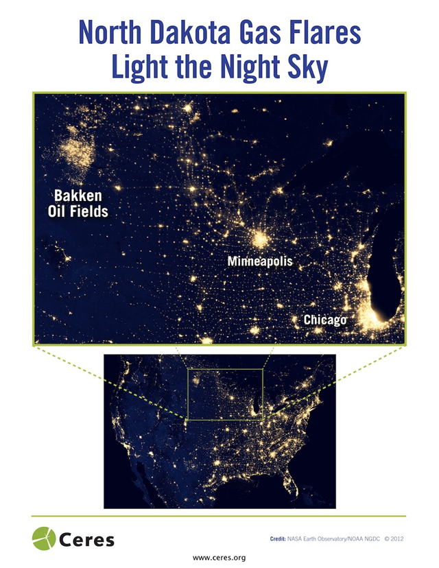 Nighttime satellite view of North Dakota gas flares. In North Dakota’s Bakken shale region, widespread flaring across millions of acres lights up the night sky, burning off enough energy each day to heat half a million homes. Flaring is also prevalent in other key shale regions, like Texas’s Eagle Ford. Excessive flaring of natural gas affects regional air quality and creates significant greenhouse gas emissions that investors are seeking to reduce. Photo: NASA Earth Observatory / NOAA NCDC via Ceres.org