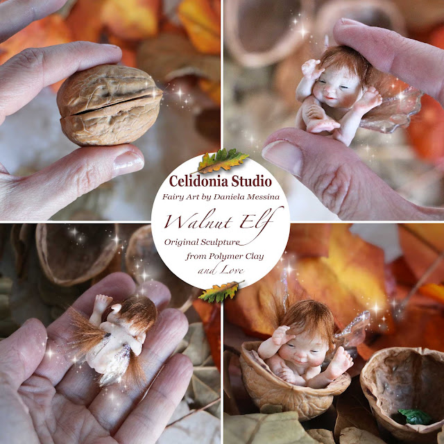 Walnut Elf ooak Mini Art Doll in Polymer Clay