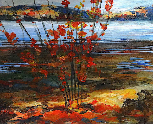 a Tom Thomson painting, red bush by a river