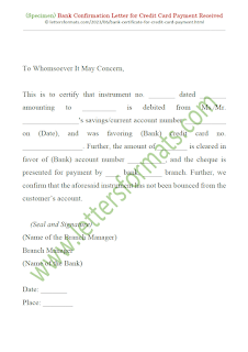 Bank Confirmation Certificate for Credit Card Payment Received