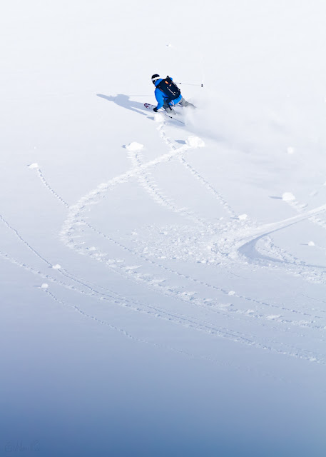 Skier does a high-speed turn, Stanley Mitchell Hut, BC.