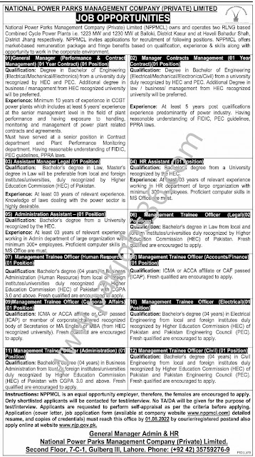 National Power Parks Management Company  (NPPMCL) vacancies 2022 Ad
