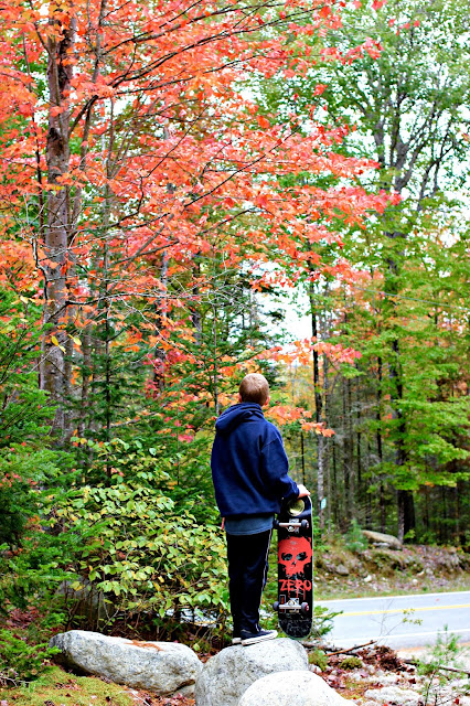 Boy with skateboard and fall foliage - www.goldenboysandme.com