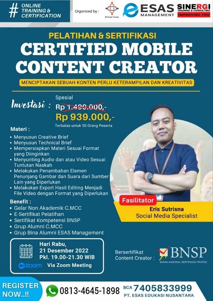 WA.0813-4645-1898 | Certified Mobile Content Creator (C.MCC), Sertifikasi BNSP RI Mobile Content Creator 21 Desember 2022