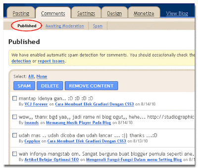 published menu on comment blogger