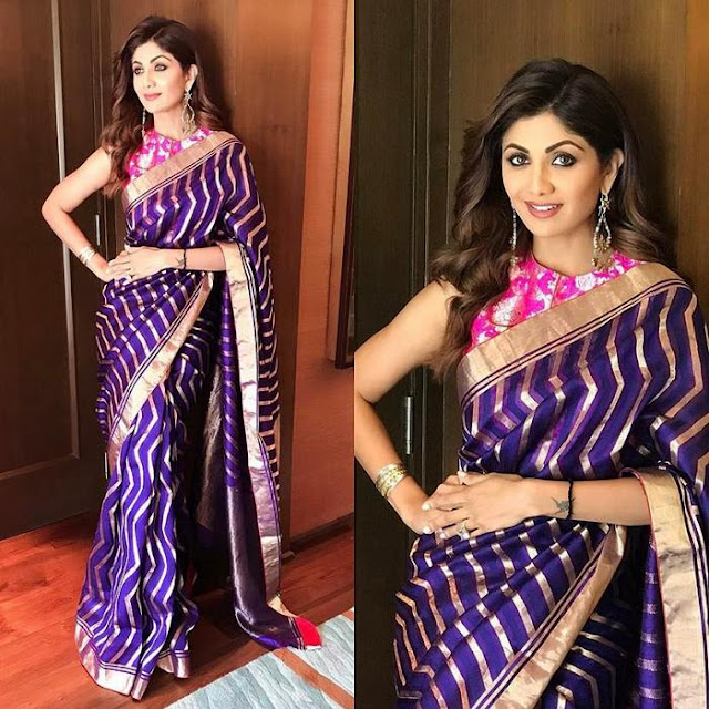 Shilpa Shetty Purple Stripes Saree