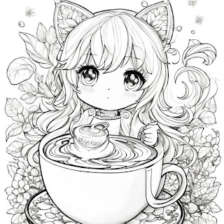 cute girl and a huge cup of coffee coloring page