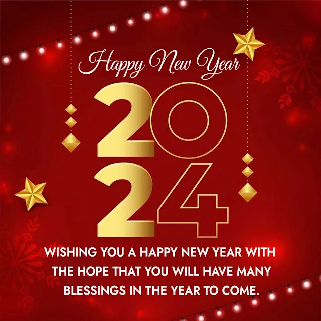Happy New Year 2024, Message, Red background, Gold Numbers, Free Image