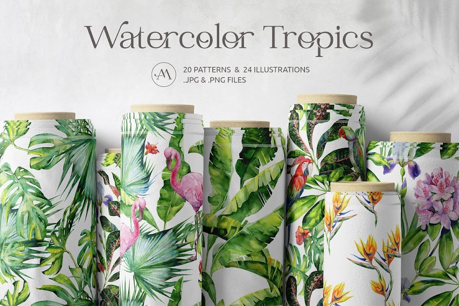 Design Watercolor tropical patterns (vol.1) Commercial license is always included
